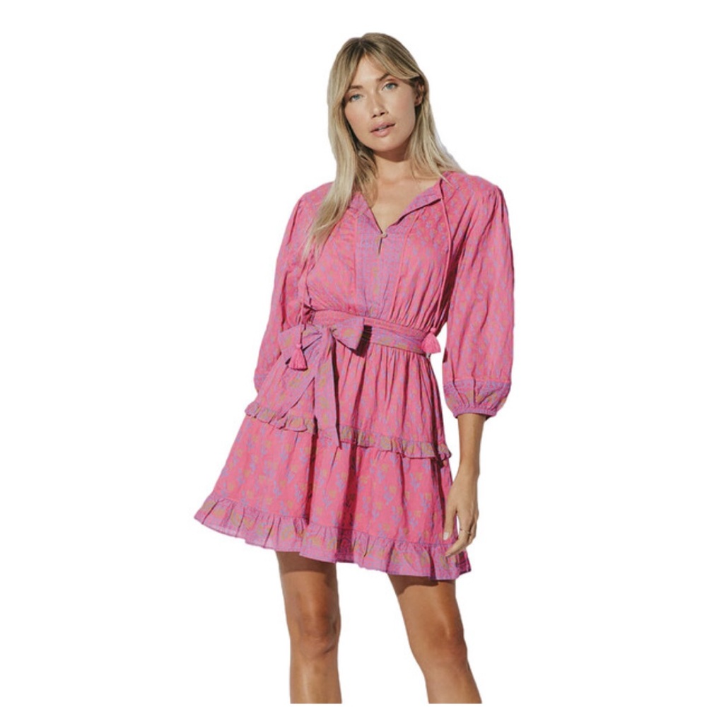 Cleobella Pink Puff Sleeve Mini Dress Tie Waist Boho Festival Size Medium